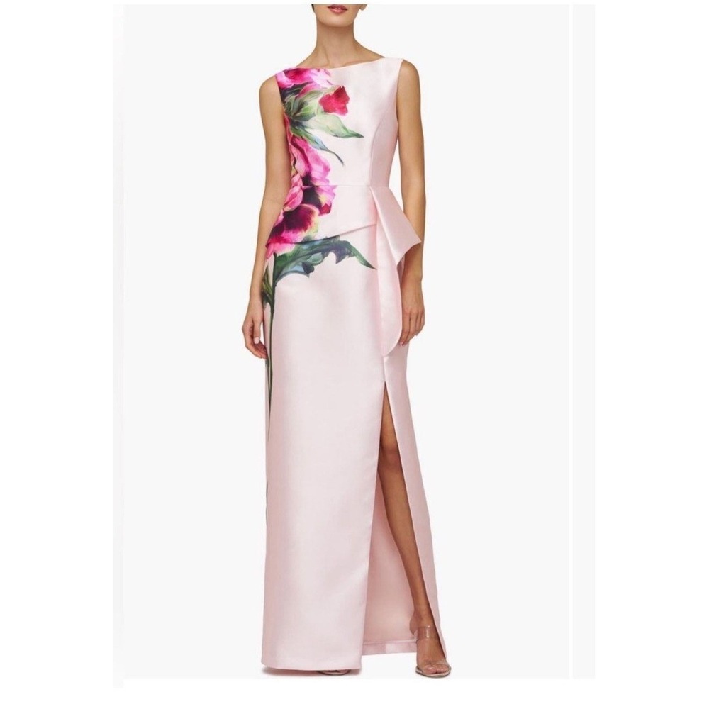 NWT Kay Unger Luciana Column Gown Blush Pink Floral Slit Maxi Dress 14 Wedding